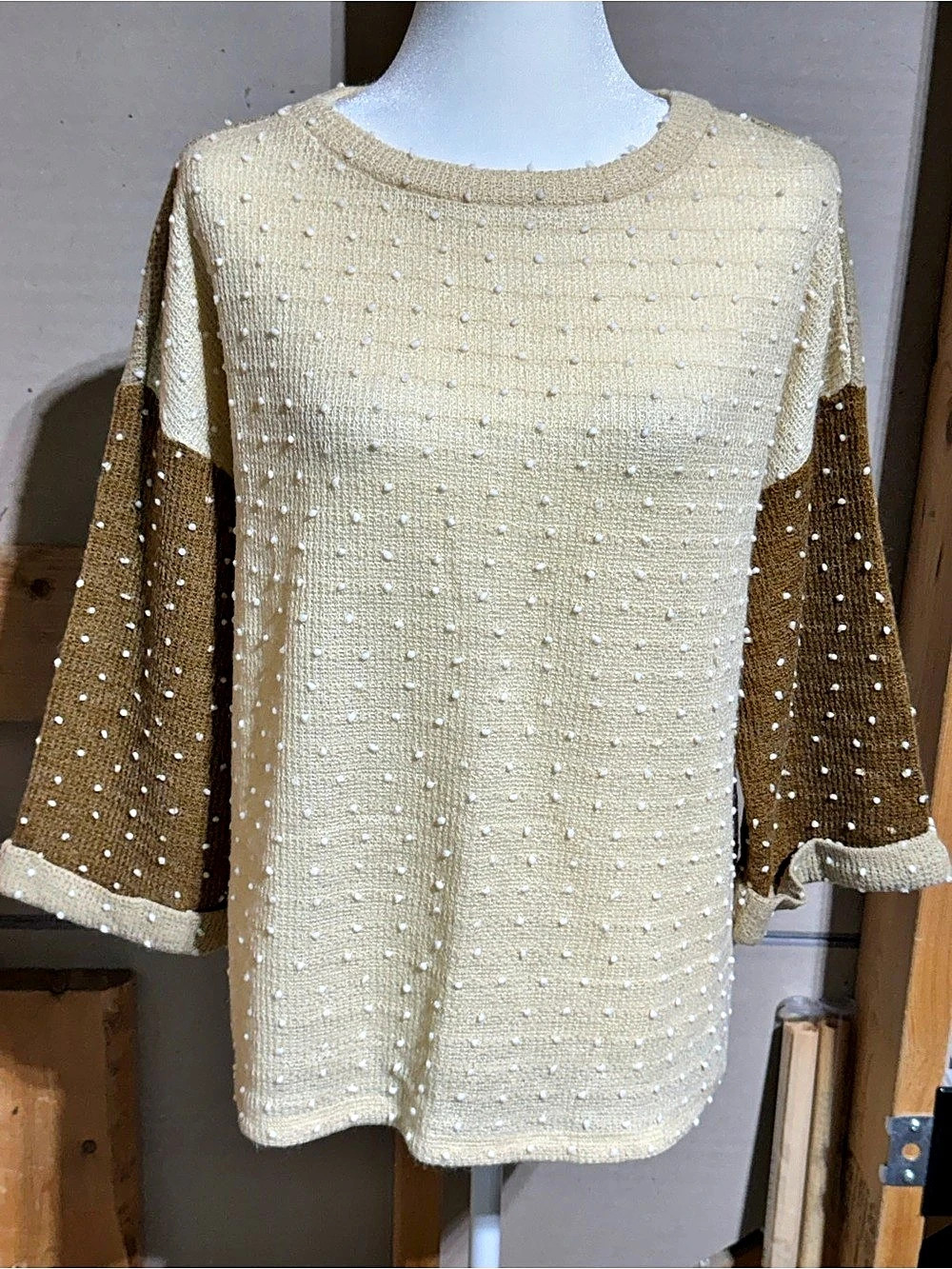 blu pepper Polka Dot Color Block Sweater in Cream & Brown Size Medium